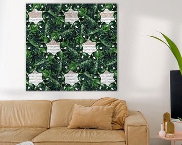 MONSTERA und Wassertropfen auf einer Wand aus Text