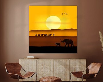 Een ochtend in de Afrikaanse savanne variant 2 in vierkant formaat van Monika Jüngling