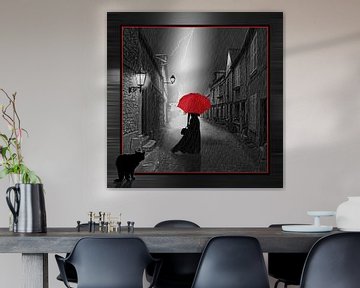 De vrouw met de rode paraplu, variant 2 in vierkant formaat van Monika Jüngling