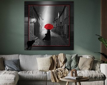 Die Frau mit dem roten Regenschirm, Variante 2 im quadratischen Format von Monika Jüngling