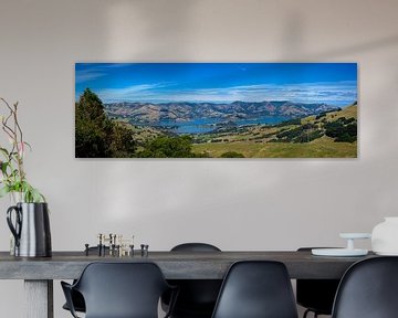 Panorama van de baai van Akaroa, Nieuw Zeeland