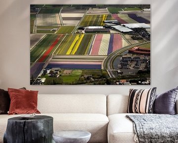 Luchtfoto van bloembollenvelden bij Noordwijk-Noordwijkerhout
