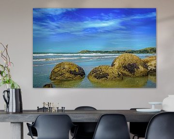 Moeraki Boulders op het strand, Nieuw Zeeland