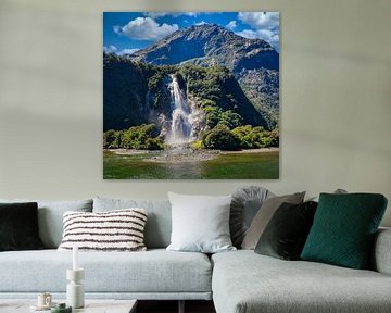 Waterfall in Milford Sound, New Zealand by Rietje Bulthuis