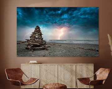 Bouwwerk op het strand, Nieuw Zeeland van Rietje Bulthuis