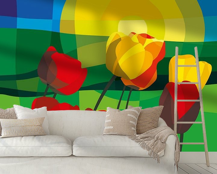 Sfeerimpressie behang: Tulpen, groene weiden en een zomerse zonsopgang van Color Square