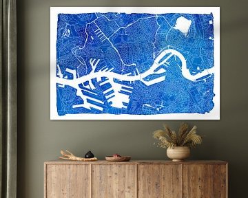 Plan de la ville de Rotterdam | Aquarelle bleue avec cadre blanc