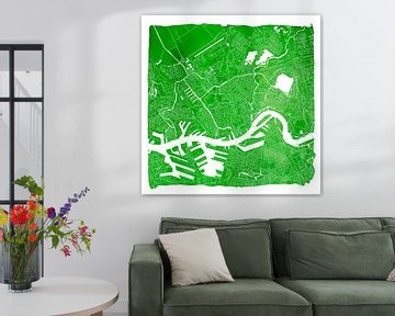 Plan de la ville de Rotterdam | Aquarelle verte | Carré avec cadre blanc sur WereldkaartenShop