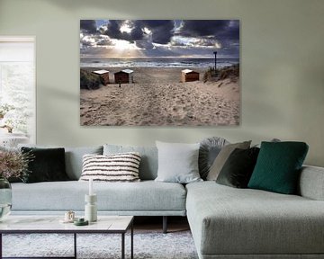 Ondergaande zon strandhuisjes Texel von Ronald Timmer