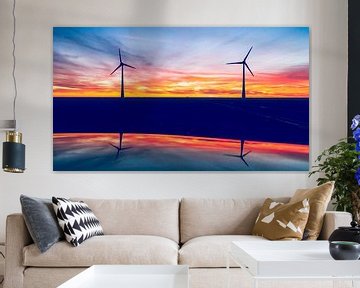 Windmills for electric power production at sunset by Fotografiecor .nl