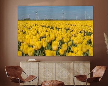 Geel tulpenveld in de Noordoostpolder met windmolens van Tonko Oosterink