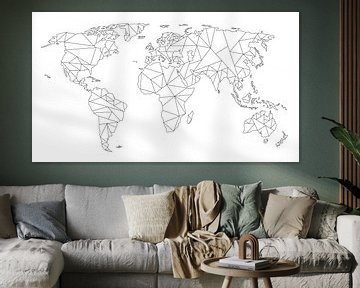 Carte du monde géométrique | Dessin linéaire | Noir sur blanc sur WereldkaartenShop