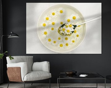 A spoon full of summer 1 (a bowl and spoon with a soup of camomile flowers) by Birgitte Bergman