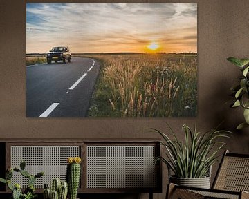 Autofahren in der Abendsonne auf der Asphaltstraße