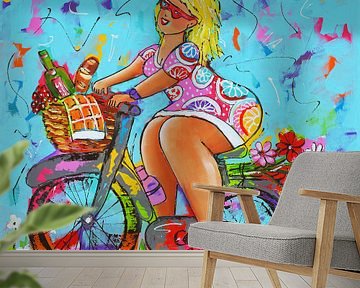 Dame auf dem Fahrrad von Vrolijk Schilderij