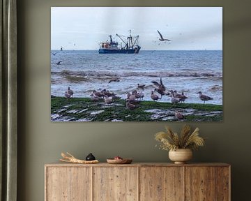 Fishing boat and seagulls by didier de borle