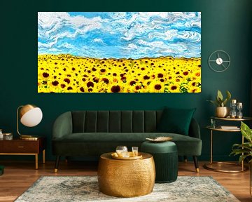 Gele Zonnebloemen veld met prachtige lucht van Nicole Habets