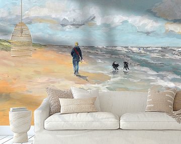 Strand wandelaar met hondjes van Yvon Schoorl