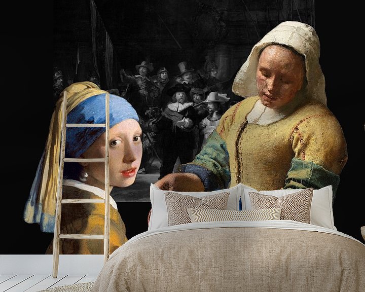 Sfeerimpressie behang: Melkmeisje - Meisje met de parel - de Nachtwacht zwart-wit van Lia Morcus