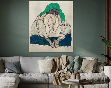 Egon Schiele. Crouching Woman with Green Headscarf