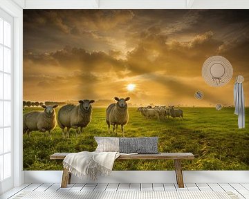 Schapen met zonsopkomst van Bertrik Hakvoort