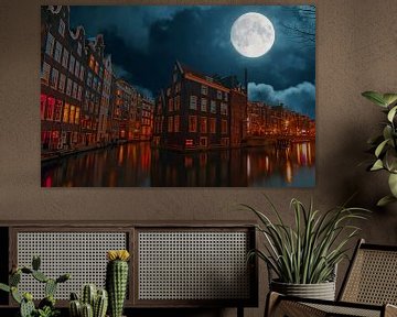 Stadsgezicht van Amsterdam bij nacht 