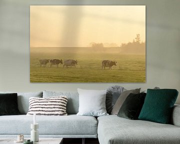 Koeien in de wei tijdens een mistige zonsopkomst van Sjoerd van der Wal