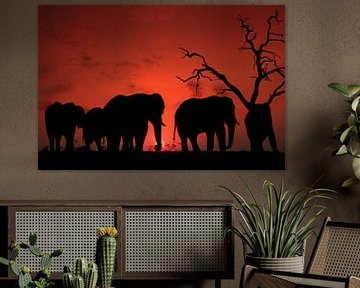 Zonsondergang in Afrika (Elephant sunset) van Ed Peeters