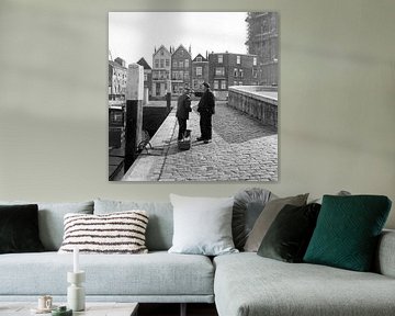 Men in harbour behind The Great Church Dordrecht by Dordrecht van Vroeger
