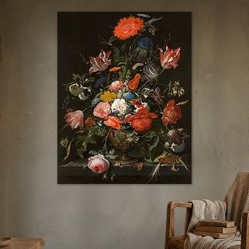 Flowers in a metal vase, Abraham Mignon