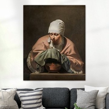 A young woman warms her hands over a fire test, Caesar Boëtius van Everdingen