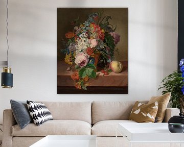 Stilleven met bloemen in een mand en perzik, Jan Frans Van Dael