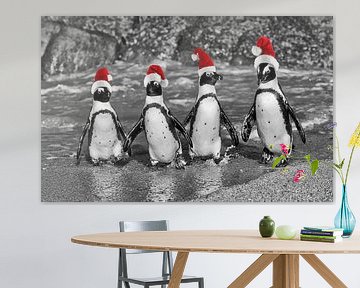 vier waggelende pinguïnen met de caps van de Kerstman