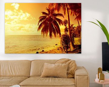 Tropical sunset with beach and palm trees by iPics Photography
