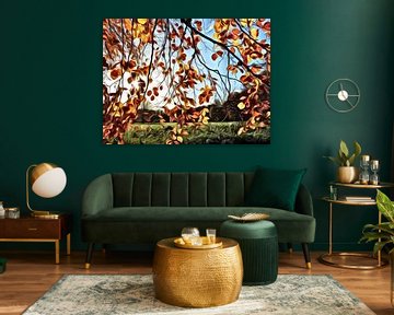 digitale schilderkunst, herfstbladeren aan een tak van Joke te Grotenhuis