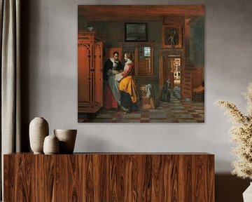 Binnenhuis met vrouwen bij een linnenkast, Pieter de Hooch