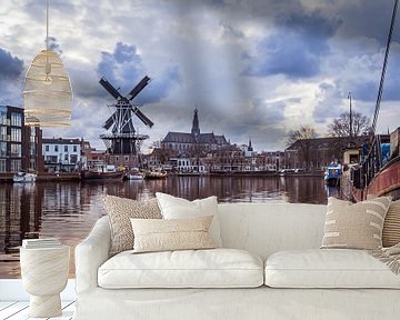 Zicht over het Spaarne van molen de Adriaan en de Grote Kerk  (Haarlem, Holland) van ErikJan Braakman