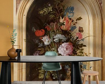 Vase with flowers in a stone niche, Roelant Saver