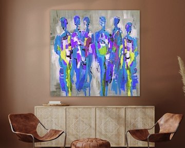 Blue People of Color | Blauw Schilderij met Figuren