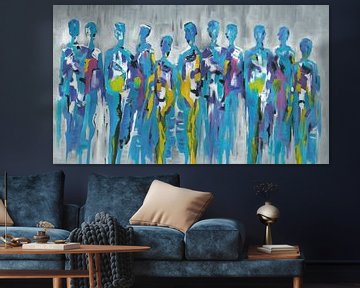 Blue Group of People | Blauw Figuratief Schilderij van Mensen