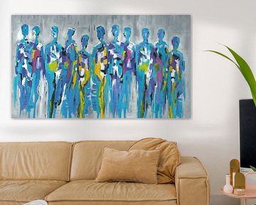 Blaue Gruppe von Menschen | Blaue figurative Malerei von Menschen