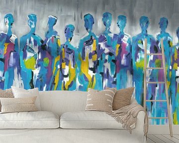 Blaue Gruppe von Menschen | Blaue figurative Malerei von Menschen von Kunst Laune
