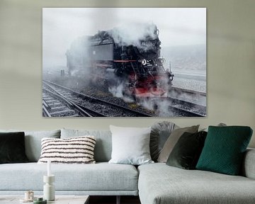Railway with  steam and fog van Oliver Henze