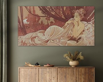 Peinture crépusculaire Dame allongée La Belle au bois dormant I - Art Nouveau Peinture Mucha Art Nou