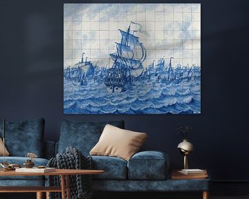 Tableau de carreaux avec 's Lands schip Rotterdam et la flotte de harengs
