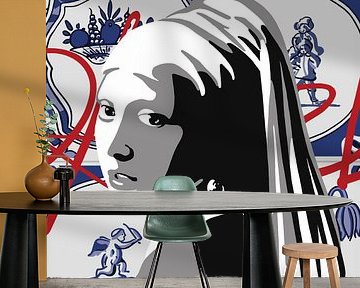 Portret van het Meisje met de Parel op een achtergond van Delftsblauwe parels van Jole Art