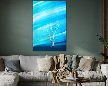 Big white leafless tree blue background