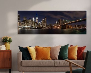 New York panorama lower Manhattan en Brooklyn Bridge van Waterpieper Fotografie