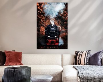 Dampflokomotive im Herbstwald