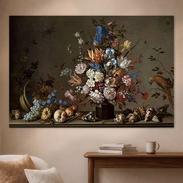 Still life with basket of fruit, a vase with flowers and shells, Balthasar van der Ast (seen in vets